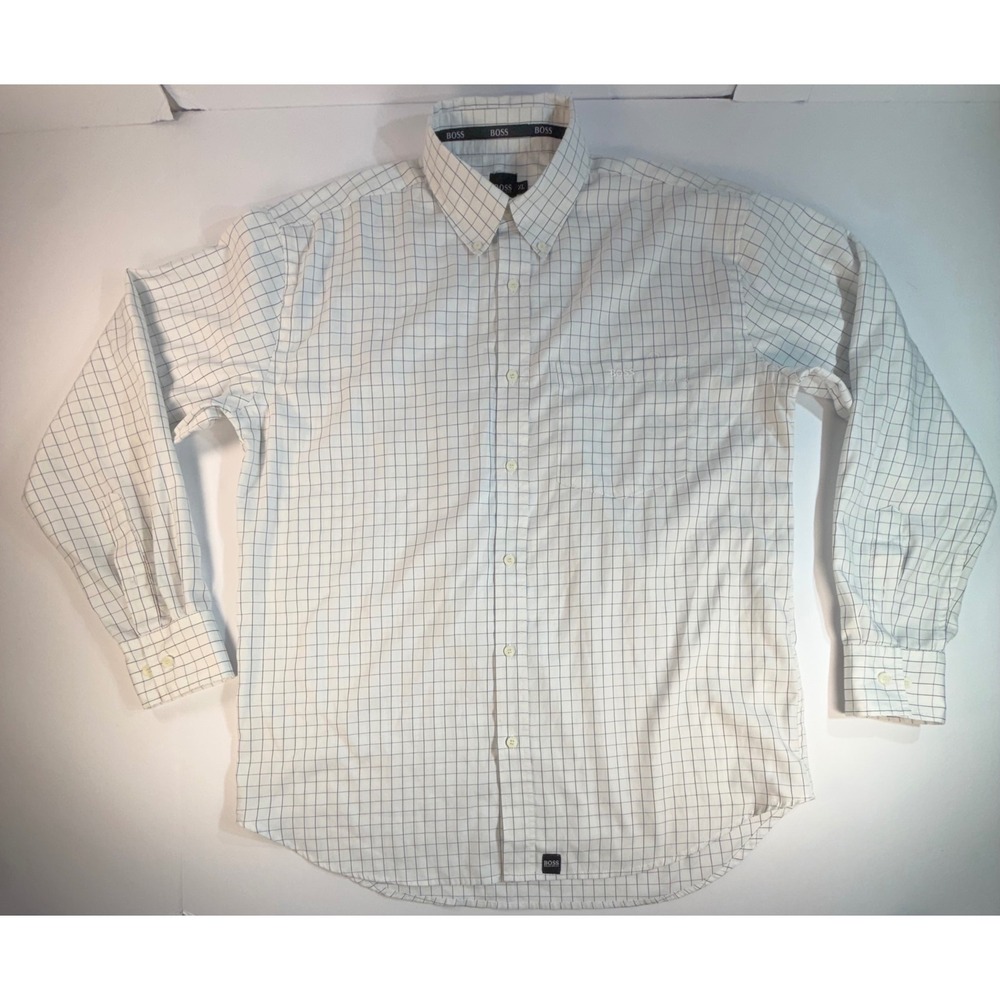 Hugo Boss Pima Cotton Grid Check Button Down Shirt Mens XL White Blue L/S